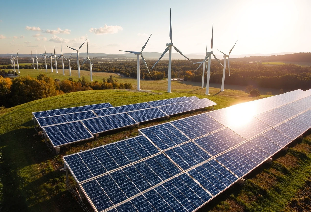Un champ d'éoliennes et de panneaux solaires fournissant de l'énergie propre
